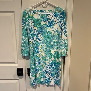 Lilly Pulitzer Blue and Green Sheath Dress with Cuffed 3/4 Sleeves “sea sirens”
